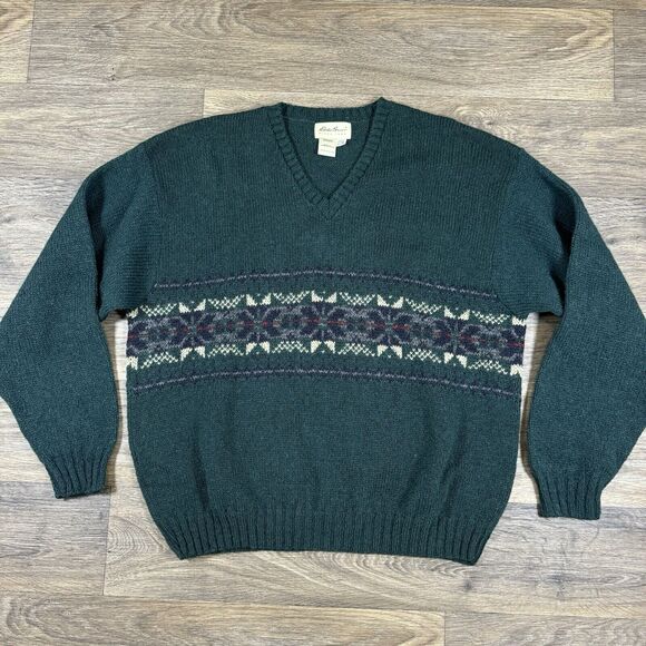 Eddie Bauer Other - Eddie Bauer Sweater Mens XL Vintage Fair Isle Green V-Neck Wool USA Made